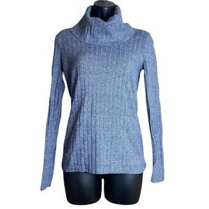 Lauren Ralph Lauren Sweater Women Size S Blue Cowl Neck Ribbed Knit Logo Modest